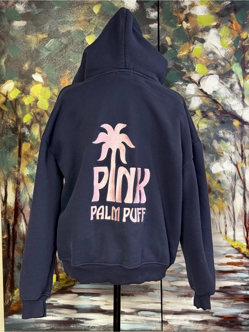 Pink Palm Puff Classic Puff Hoodie Navy Blue Size M - Picture 2 of 11